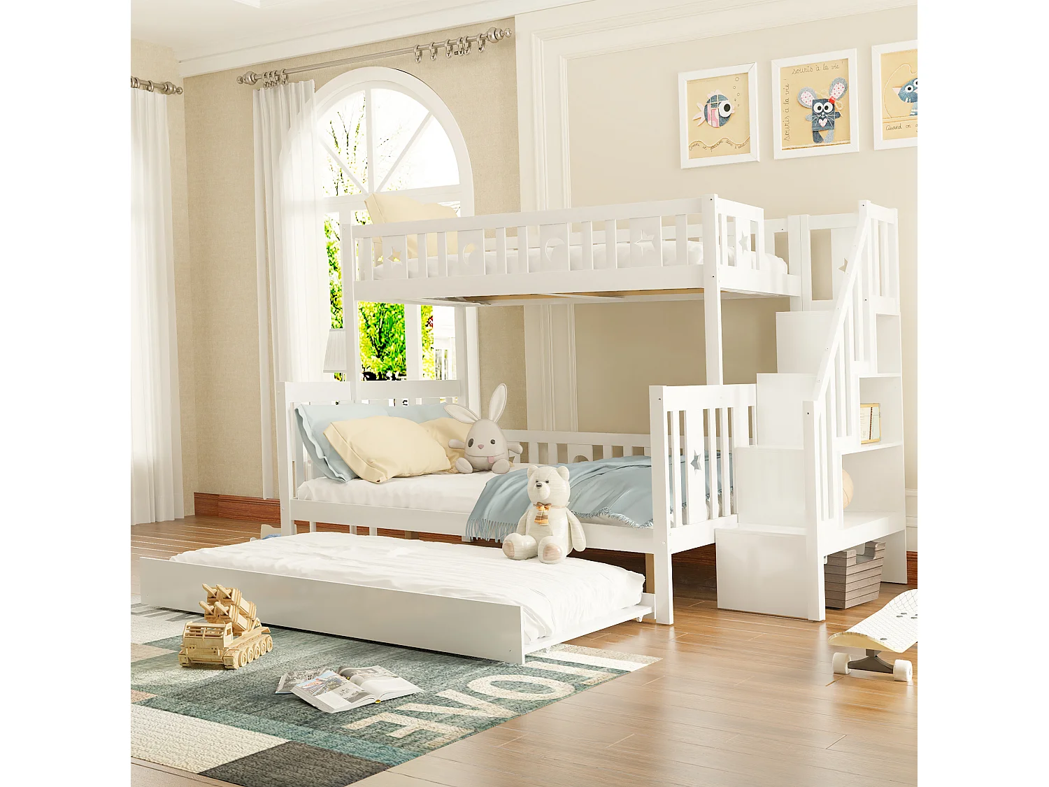 Cama infantil litera de madera maciza 90x200/140x200 cm con escalera - blanco