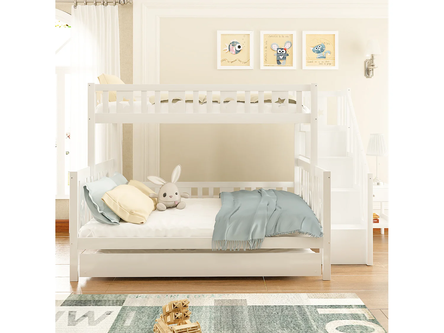 Cama infantil litera de madera maciza 90x200/140x200 cm con escalera - blanco