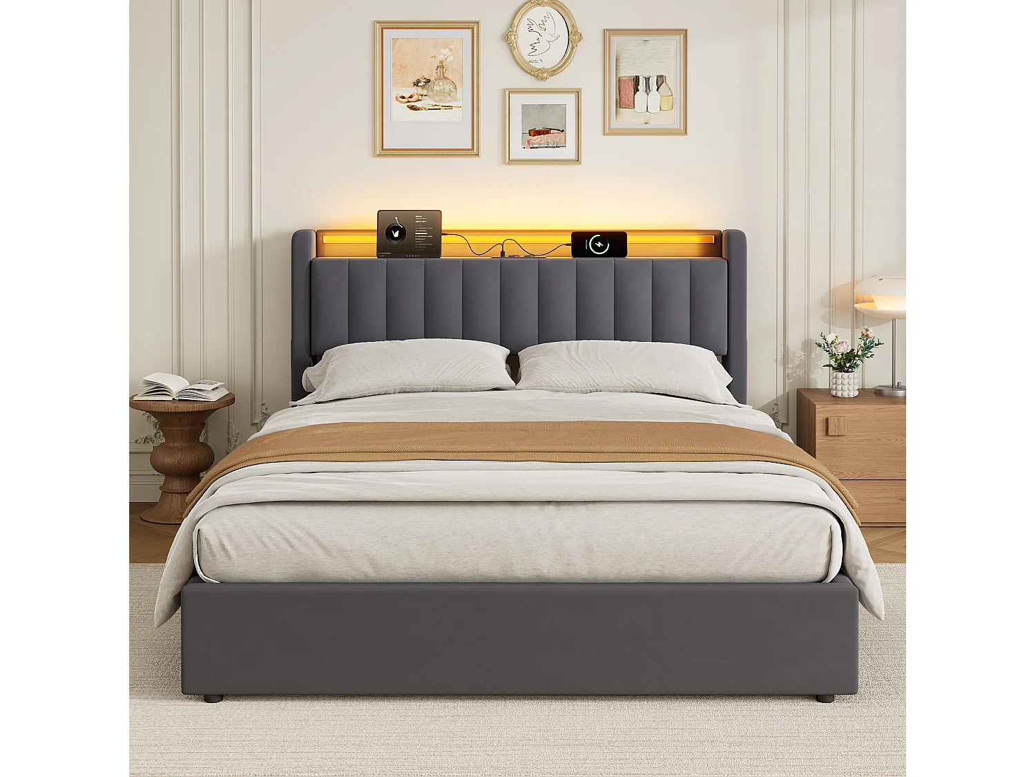 Polsterbett 160x200 cm für Erwachsene mit LED-Licht und Steckdose, abgerundeten Ecken, Samt, grau