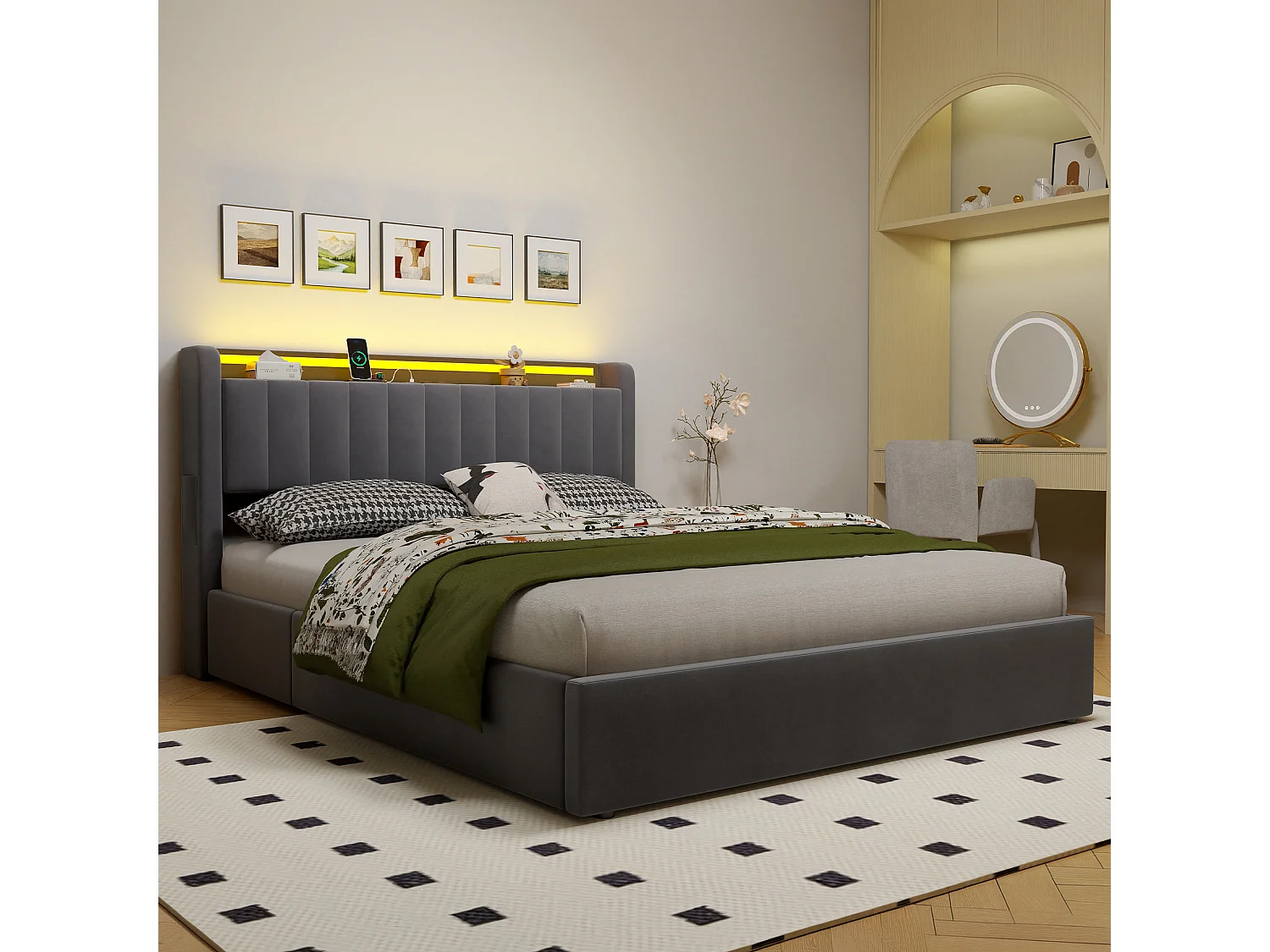 Polsterbett 160x200 cm für Erwachsene mit LED-Licht und Steckdose, abgerundeten Ecken, Samt, grau