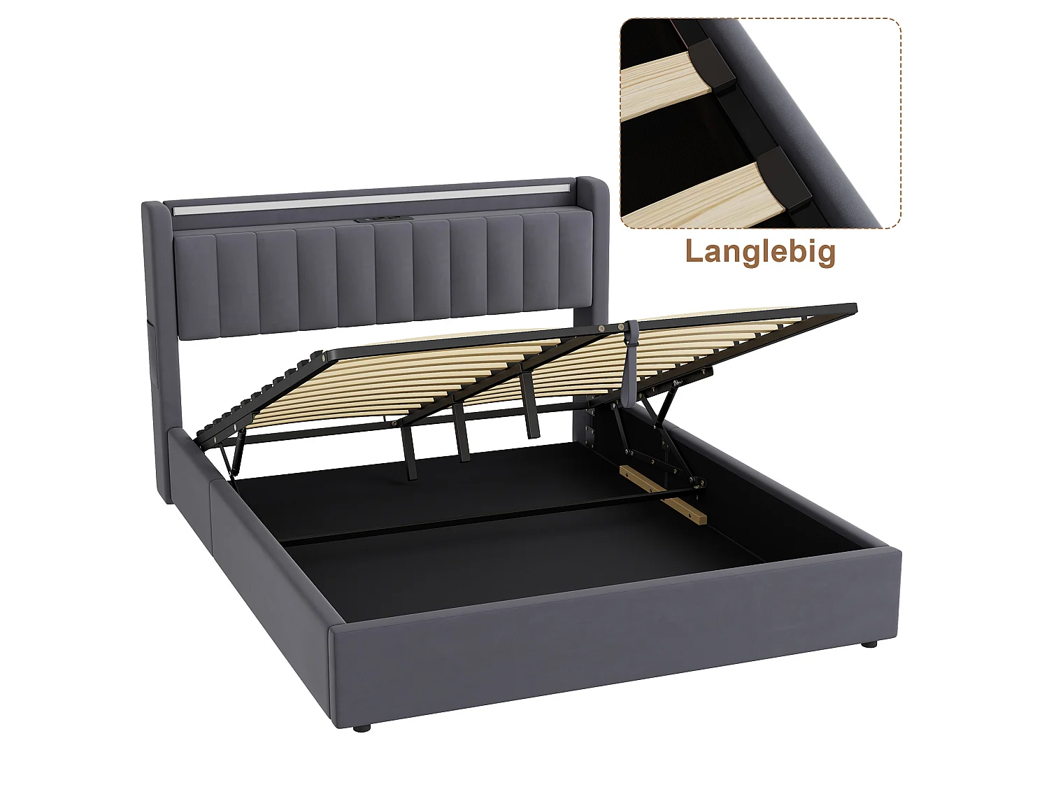 Polsterbett 160x200 cm für Erwachsene mit LED-Licht und Steckdose, abgerundeten Ecken, Samt, grau