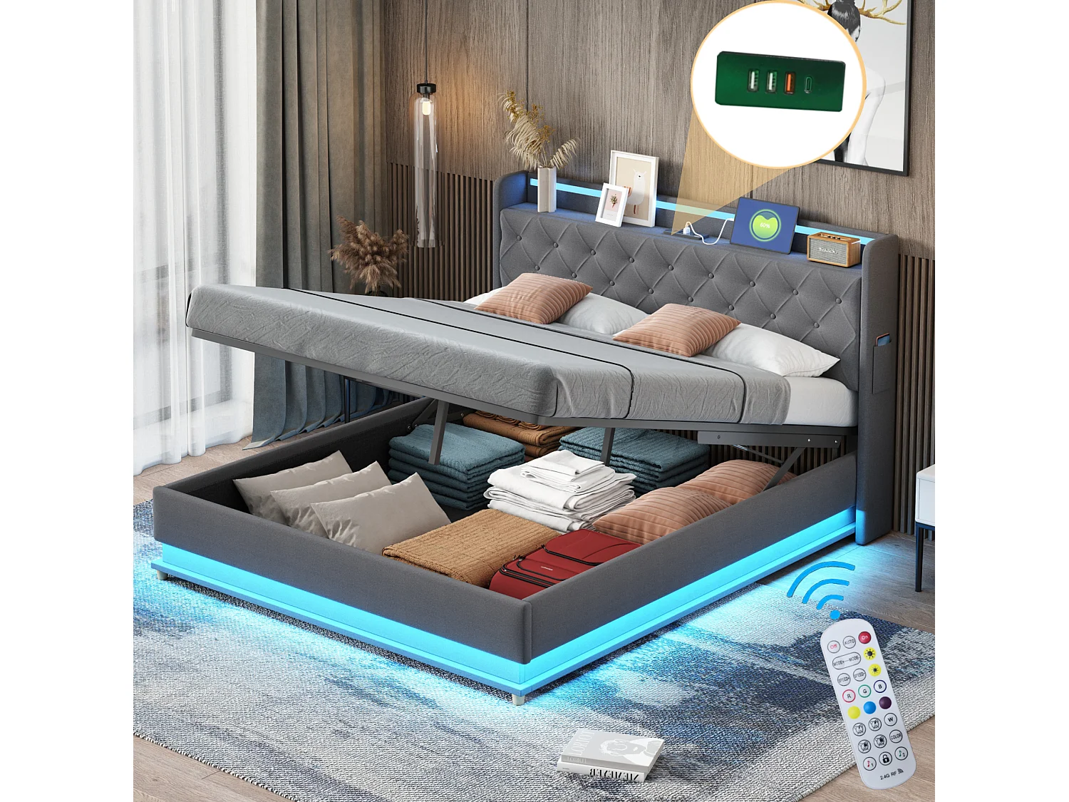 Cama tapizada LED 160x200 cm tela de lino suave con puerto de carga USB - gris