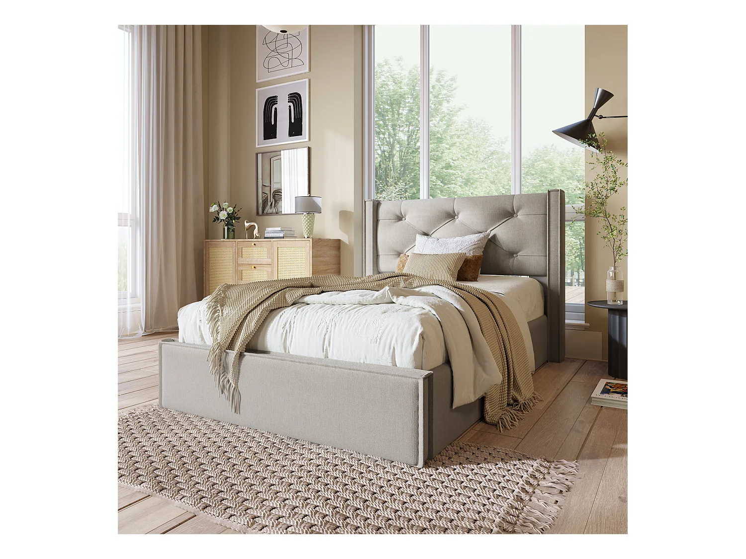 Lit coffre 90 x 200 cm - lit simple avec sommier à lattes en métal - coton gris clair - sans matelas