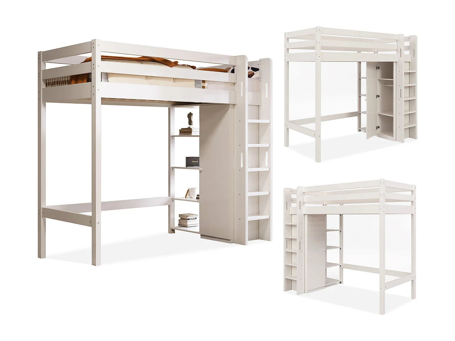 Lit mezzanine 90x200 cm lit enfant avec penderie et étagères de rangement - blanc - sans matelas