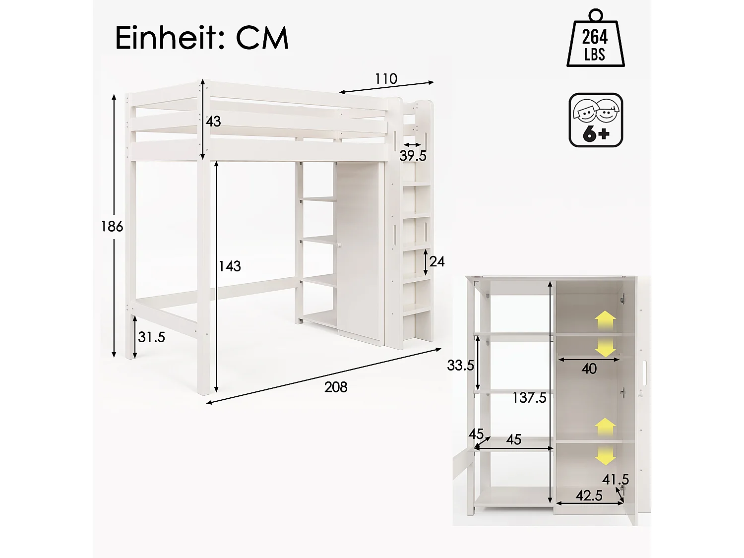 Lit mezzanine 90x200 cm lit enfant avec penderie et étagères de rangement - blanc - sans matelas