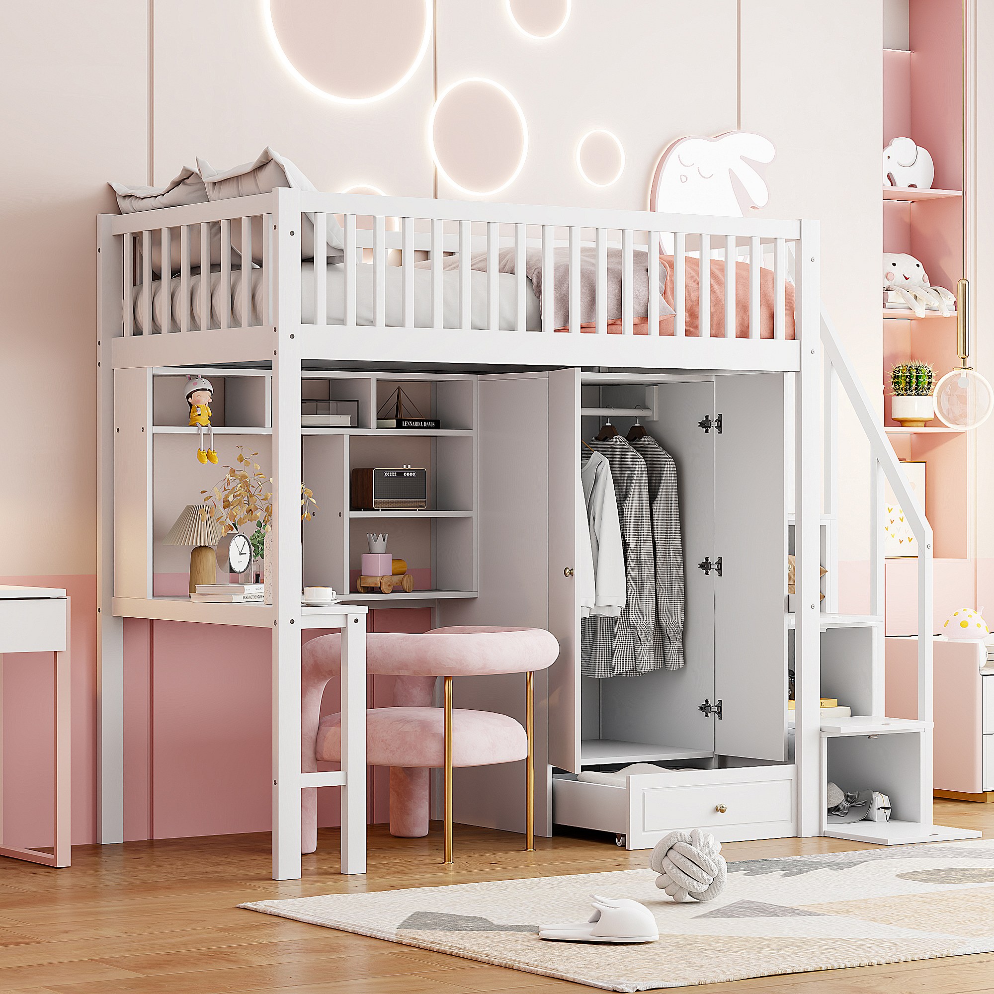 Lit Mezzanine Enfant 90x200 Cm Avec échelle Et Armoire – Métal Et MDF – Sans Matelas – Noir/blanc