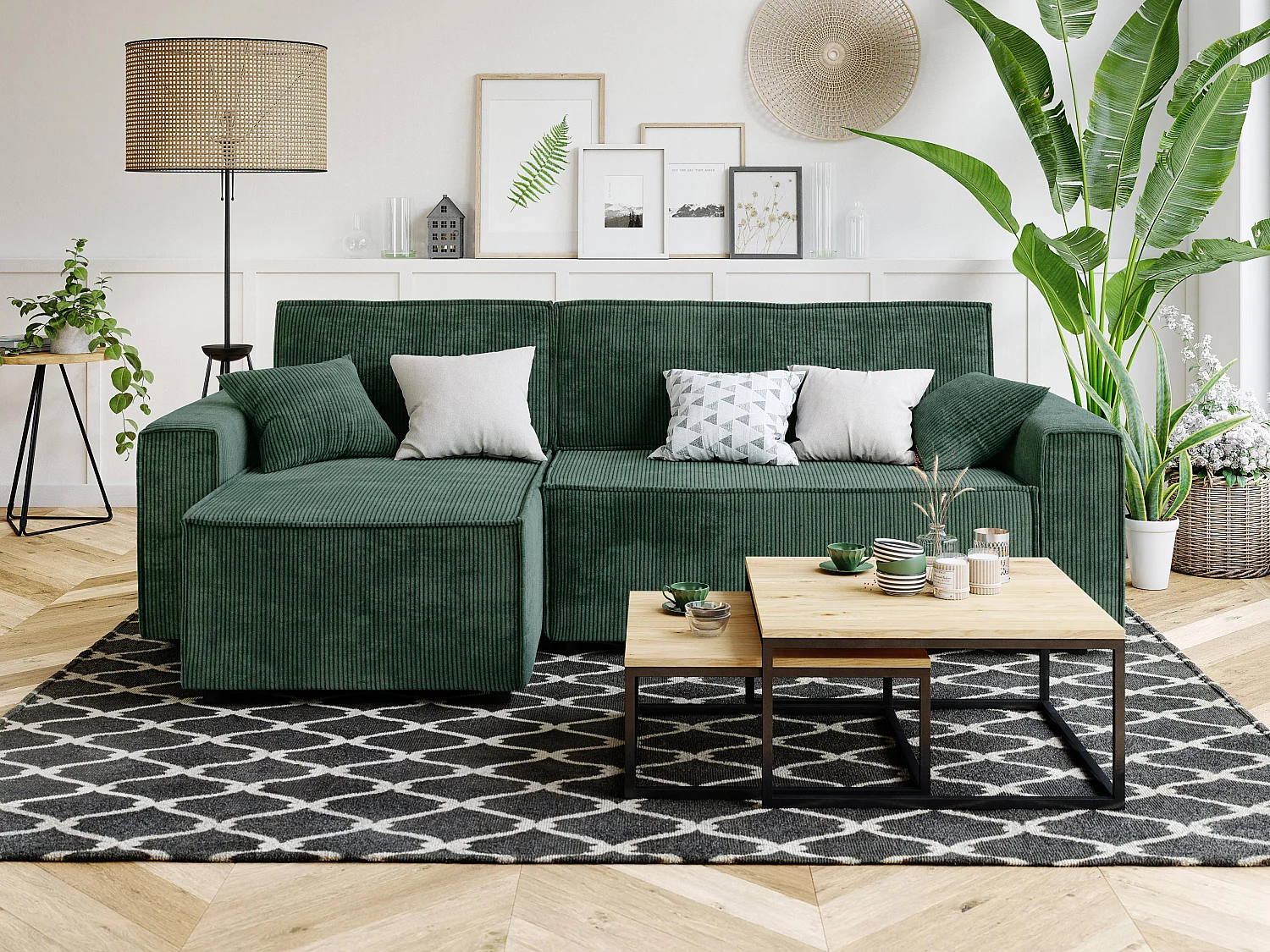Canapé d'angle MIRA convertible et réversible velours côtelé vert