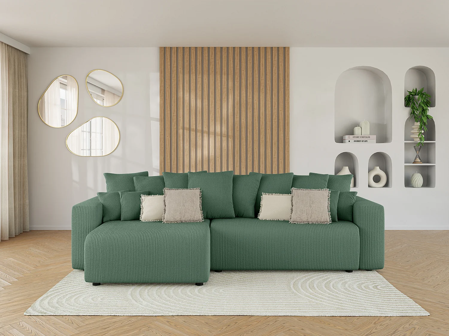 Canapé d'angle XL LEA convertible velours côtelé vert 5 places