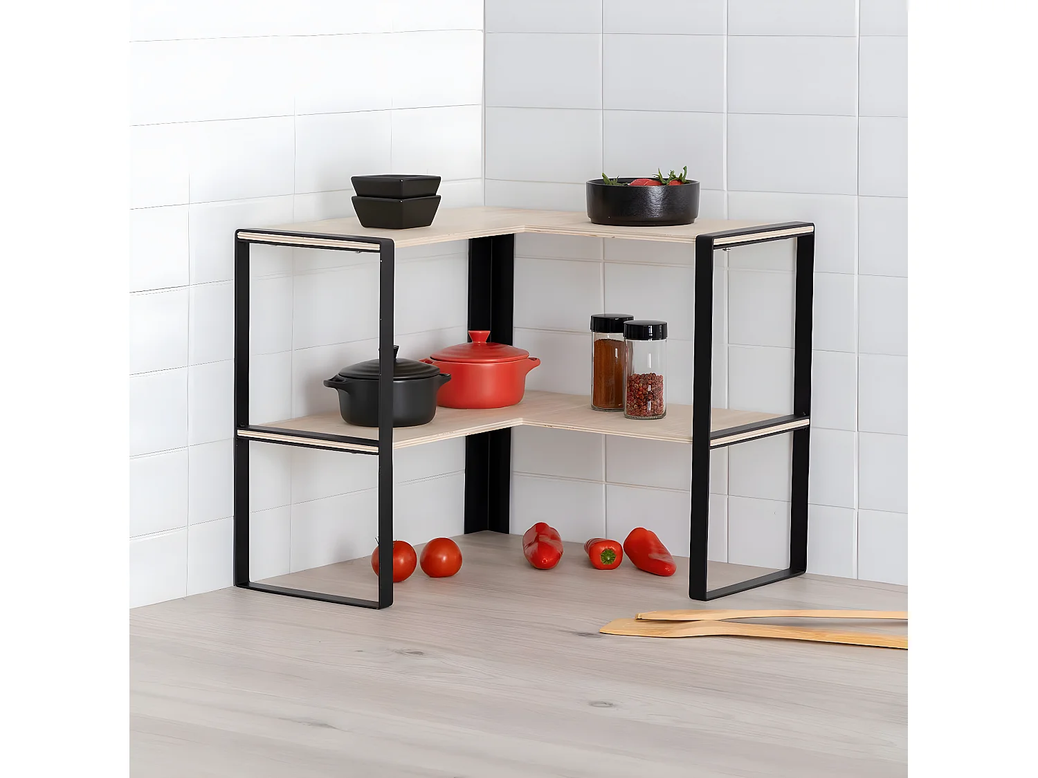 Étagère d'angle 2 niveaux en métal noir L 40 x P 40 x H 35 cm