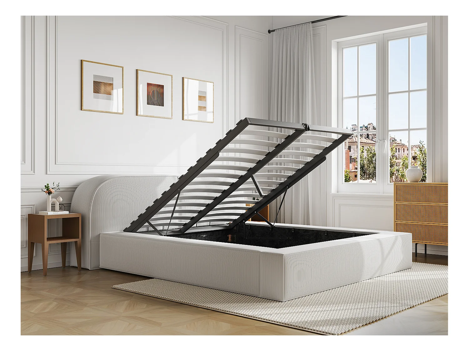 Cama arcón 180 x 200 cm - Terciopelo acanalado - Crema - Con colchón - LIRABA de Maison Céphy