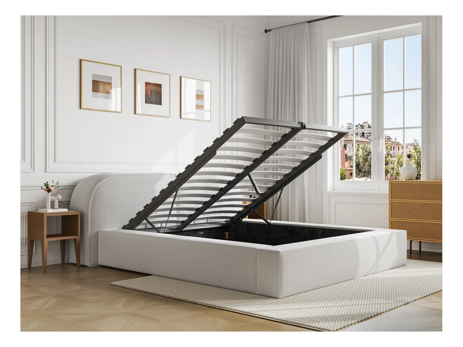 Lit coffre 160 x 200 cm - Velours côtelé - Crème - Avec matelas - LIRABA de Maison Céphy