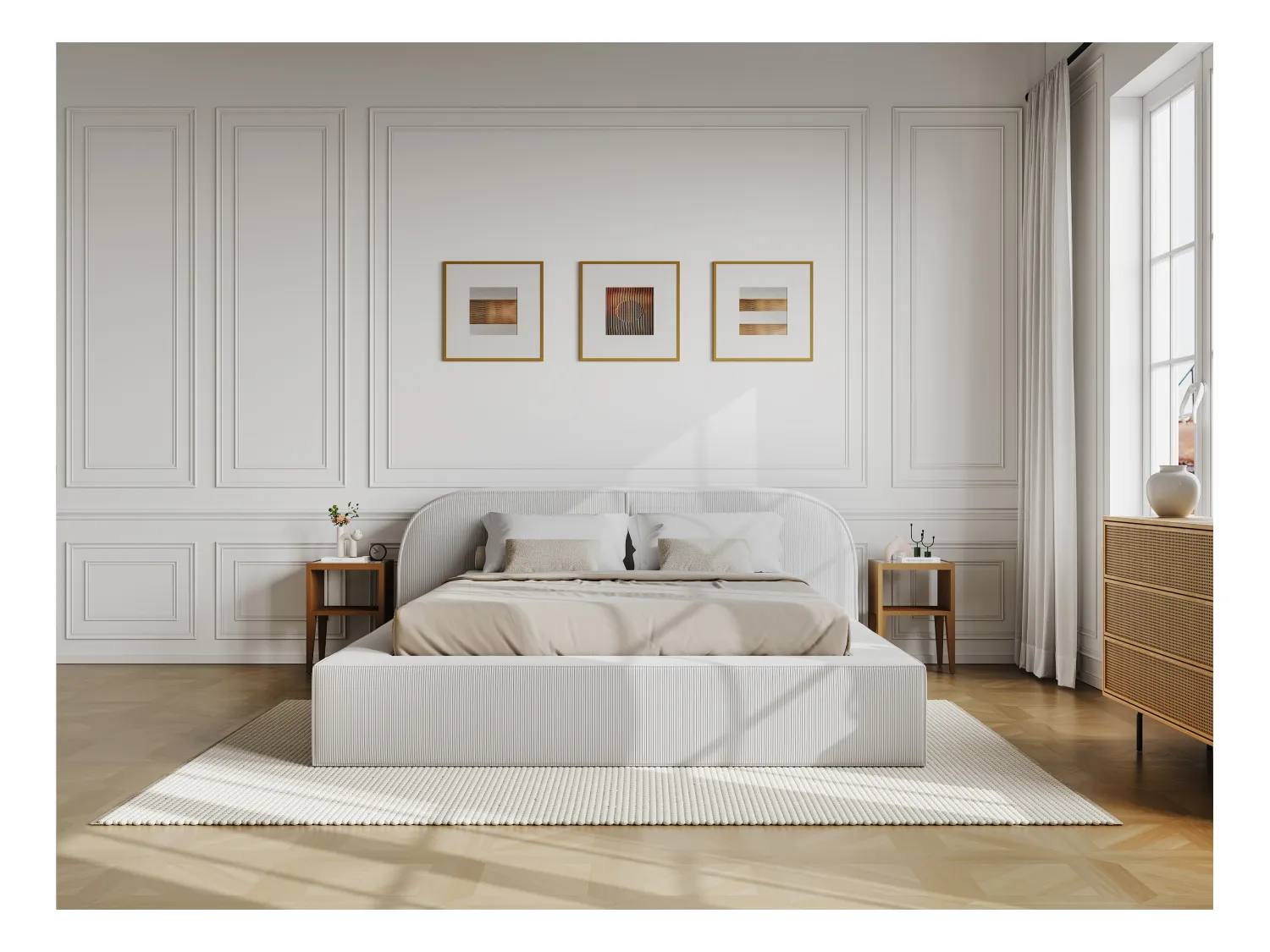 Lit coffre 160 x 200 cm - Velours côtelé - Crème - Avec matelas - LIRABA de Maison Céphy