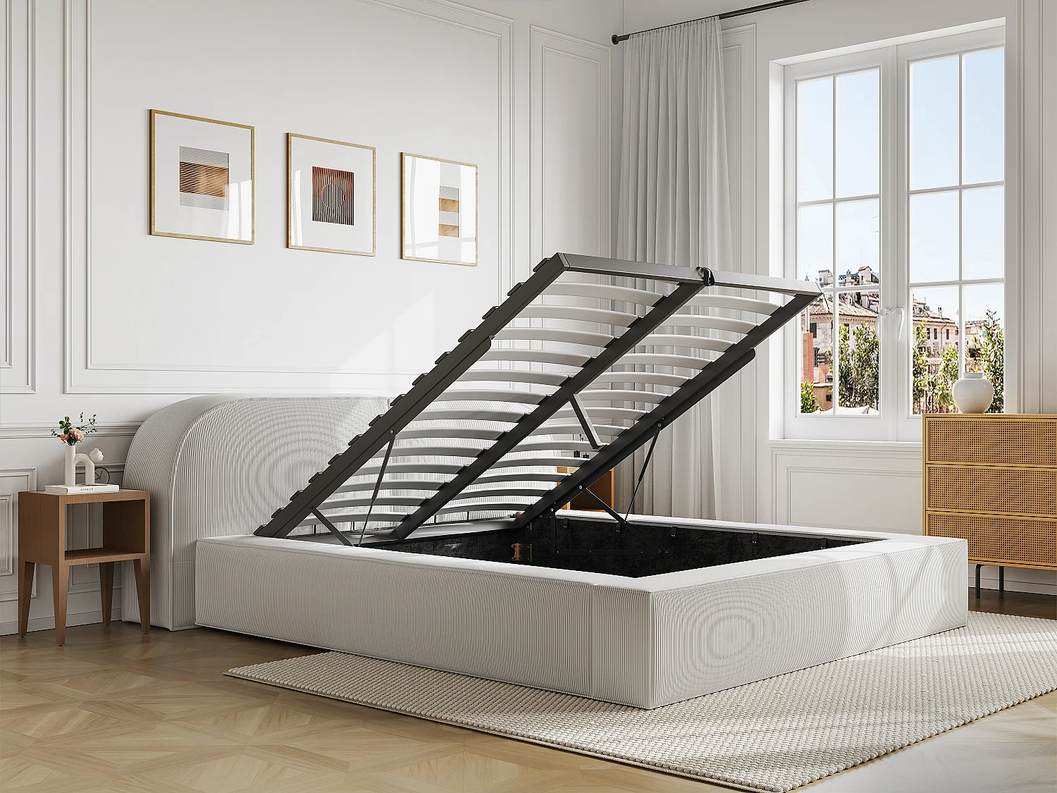 Bed met opbergruimte 160 x 200 cm - Ribfluweel - Crème - Met matras - LIRABA van Maison Céphy