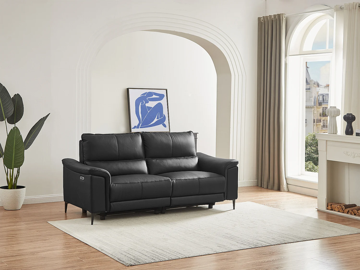 3-sits soffa med elektrisk avslappningsfunktion i svart kohud VALPARO