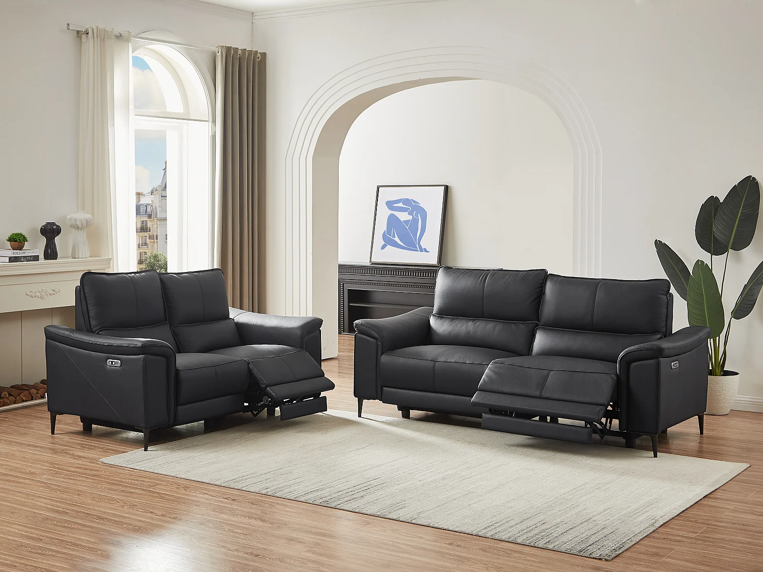 3-sits soffa med elektrisk avslappningsfunktion i svart kohud VALPARO