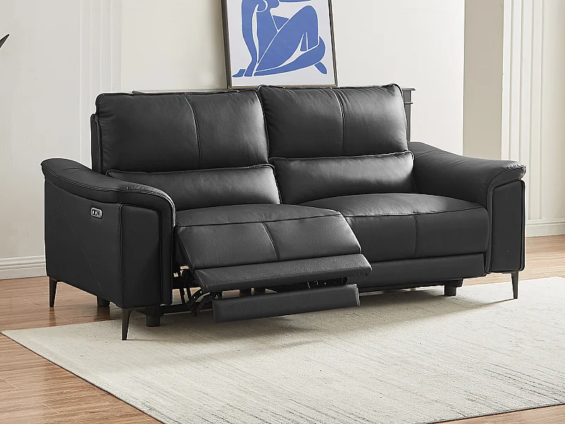 3-sits soffa med elektrisk avslappningsfunktion i svart kohud VALPARO