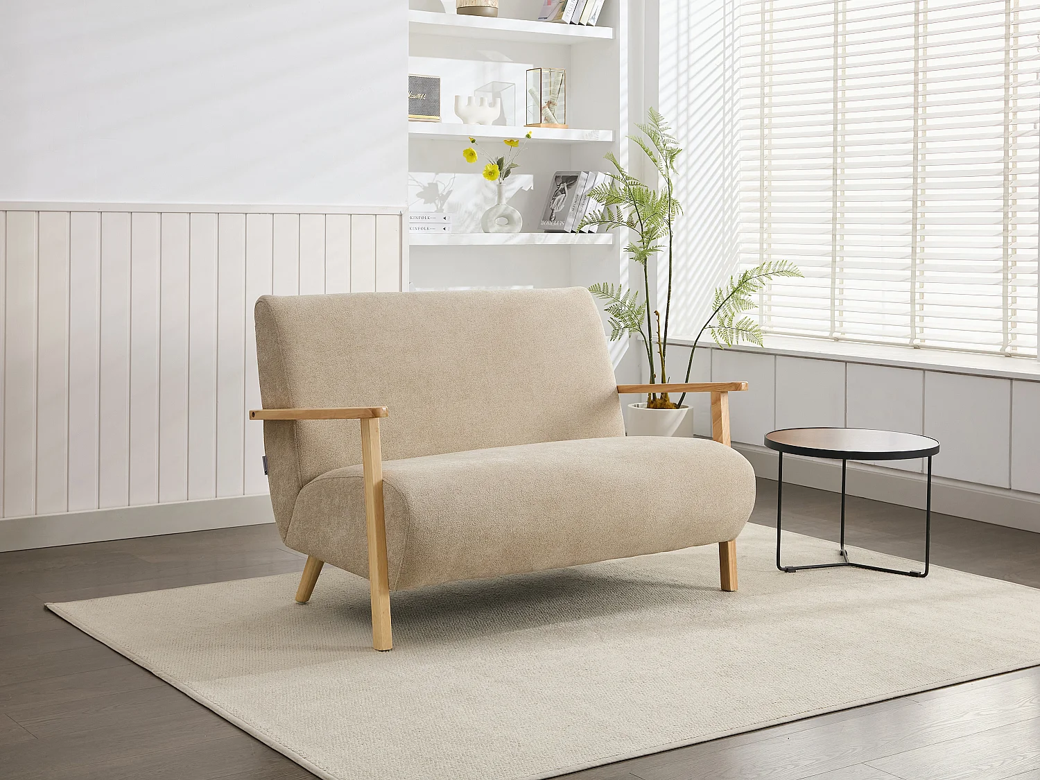 2-sits soffa i beige tyg och trä JULOMO
