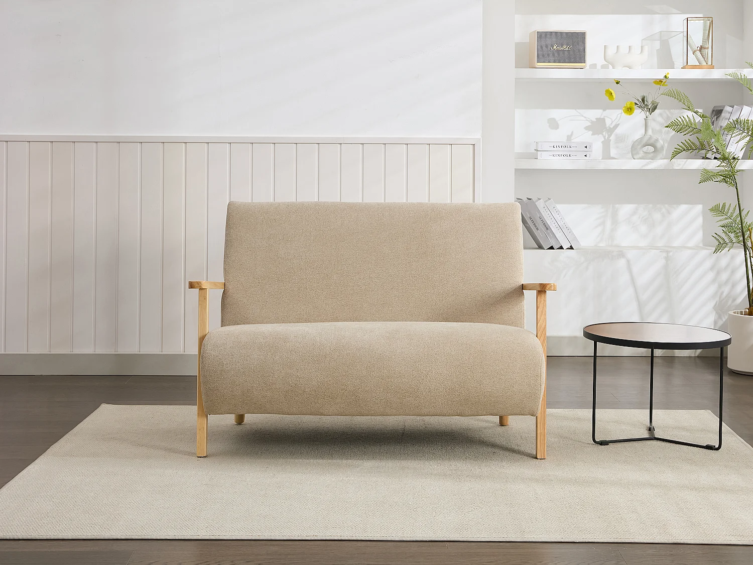 2-sits soffa i beige tyg och trä JULOMO