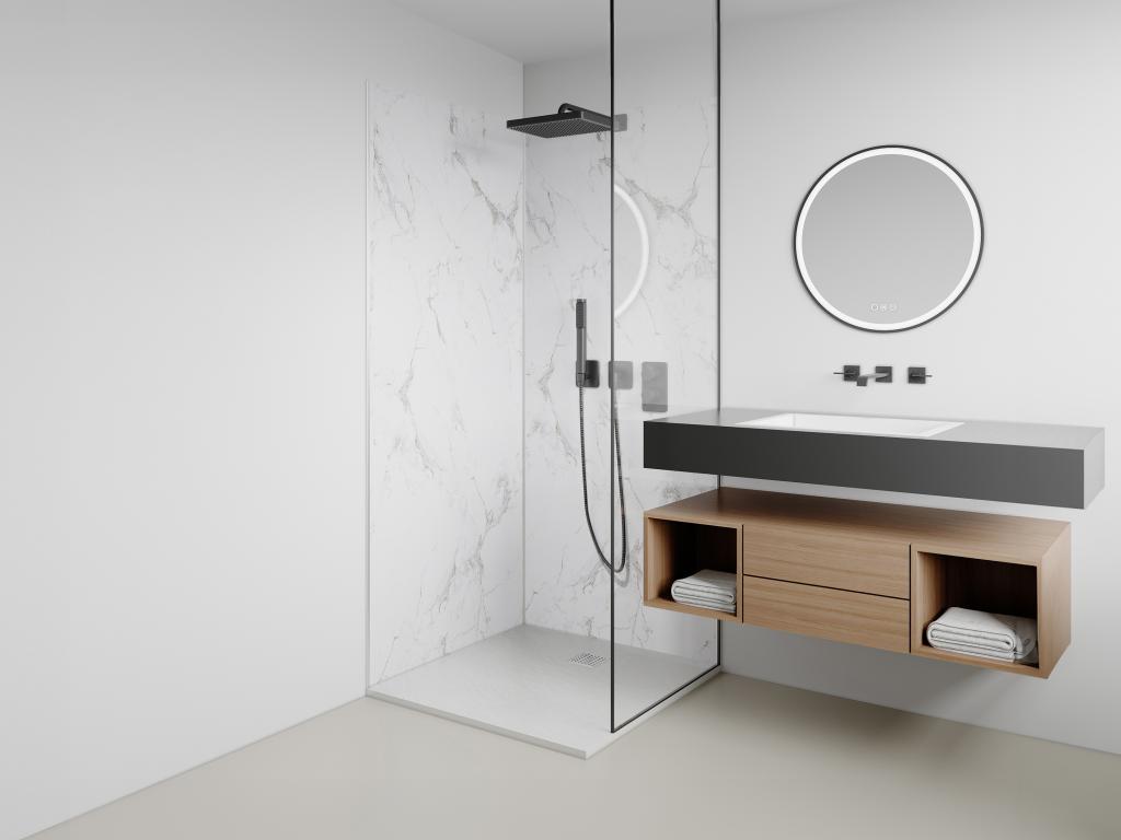 Lot de 2 panneaux muraux de douche effet marbre blanc en aluminium avec profilés - 2 x L90 x H210 cm - ENEKO