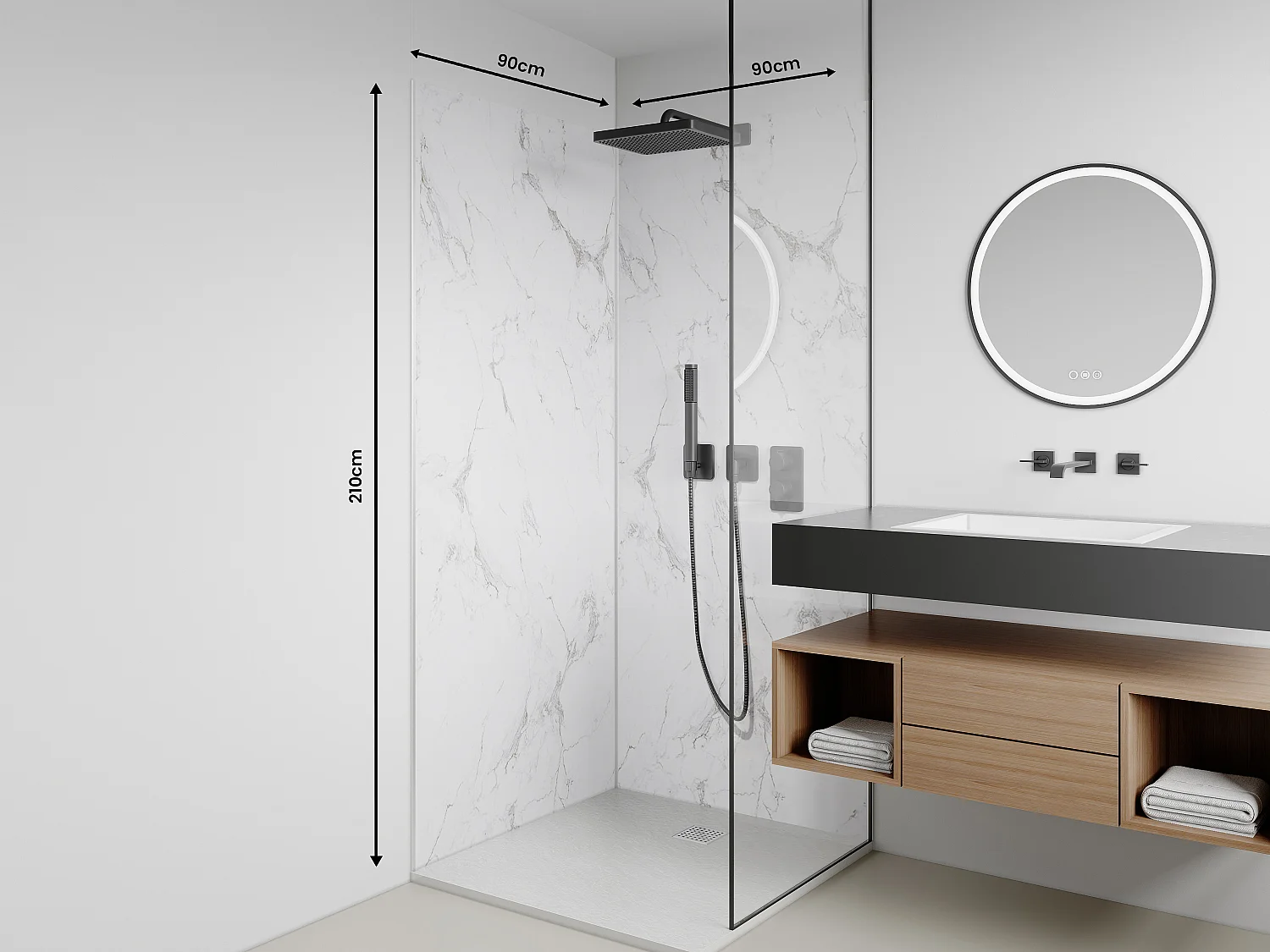 Lote de 2 paneles de pared de ducha efecto mármol blanco de aluminio con perfiles - 2 x L90 x Alt. 210 cm - ENEKO