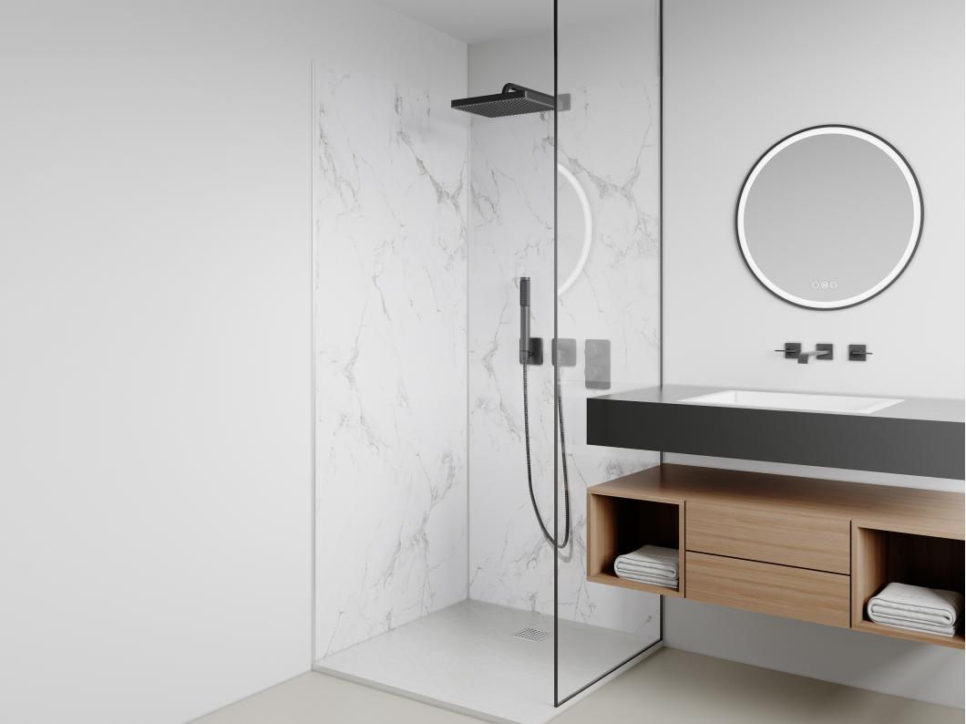 Lot de 2 panneaux muraux de douche effet marbre blanc en aluminium avec profilés - 2 x L90 x H210 cm - ENEKO