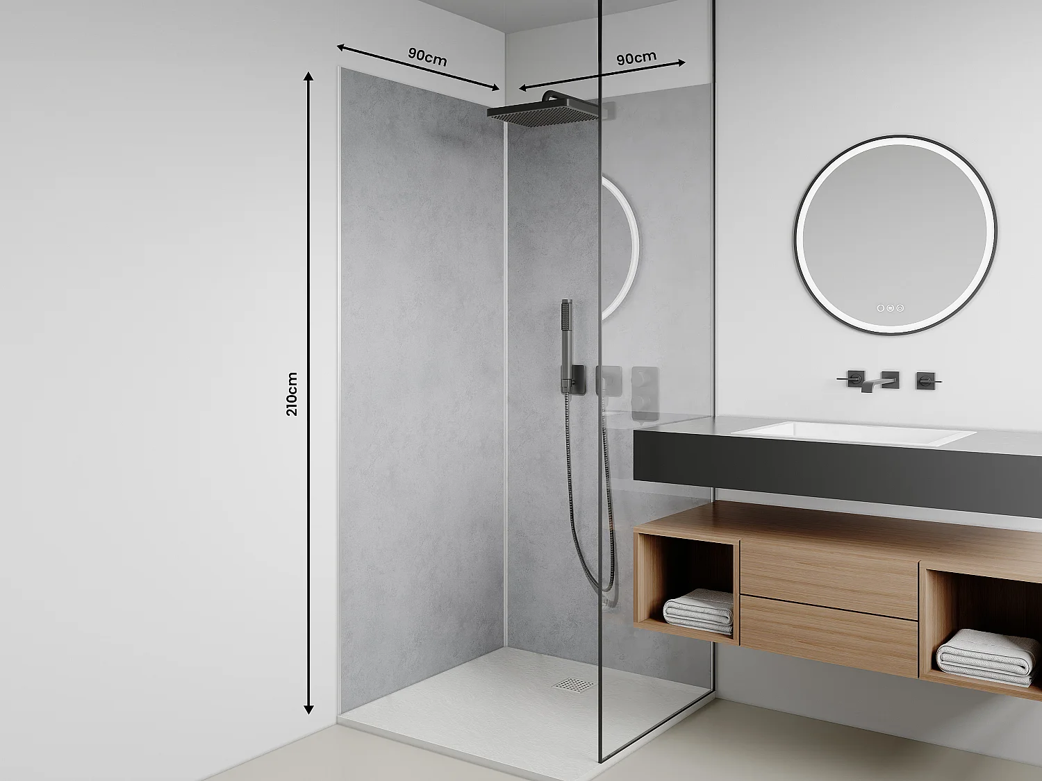 Pannello per parete da doccia effetto cemento cerato alluminio con profili 2xL90xH210cm - Lotto di 2 - ARFINO