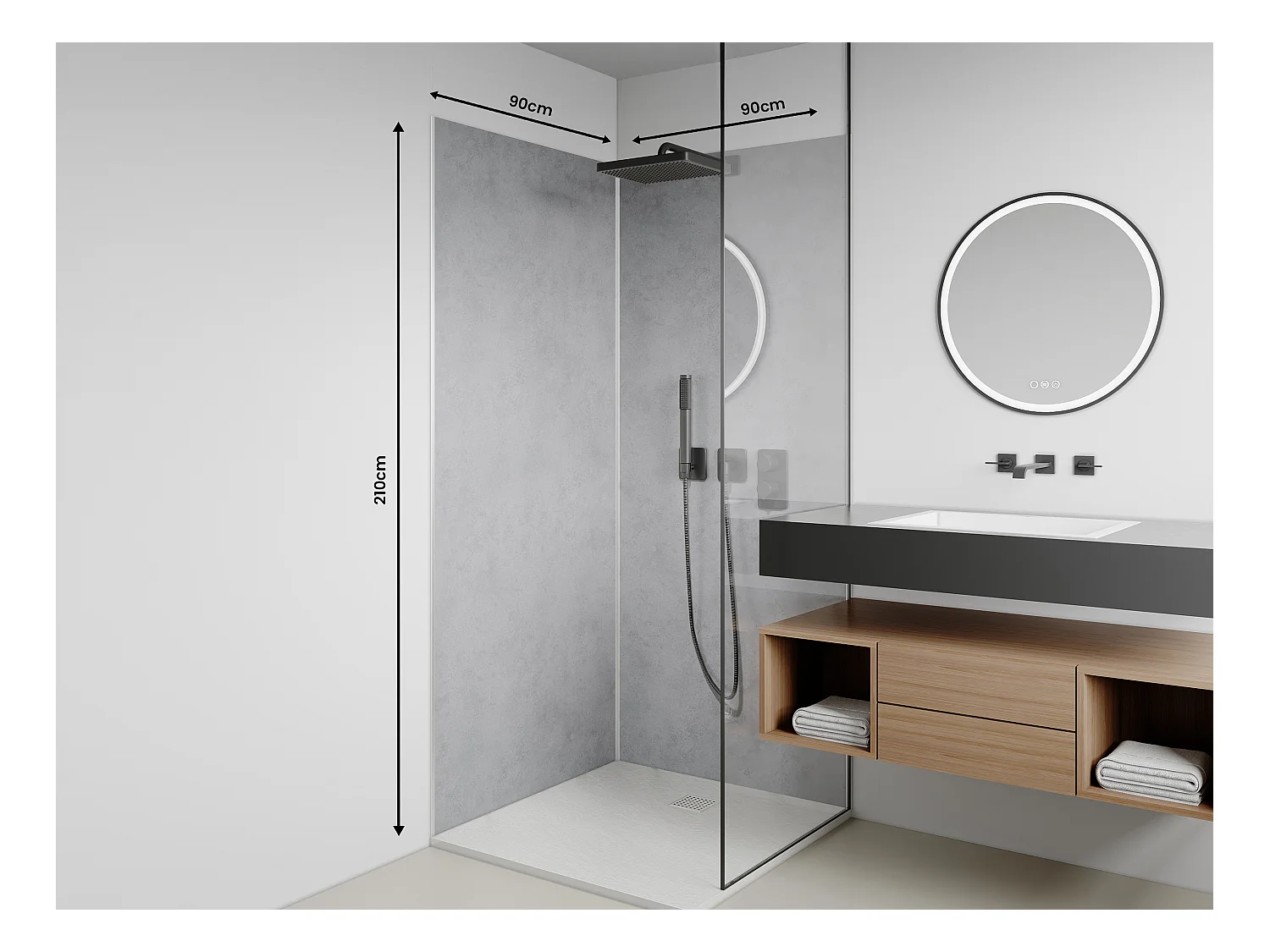 Conjunto de 2 painéis de parede de duche efeito cimento polido em alumínio com perfis 2 x C90 x A210 cm - ARFINO