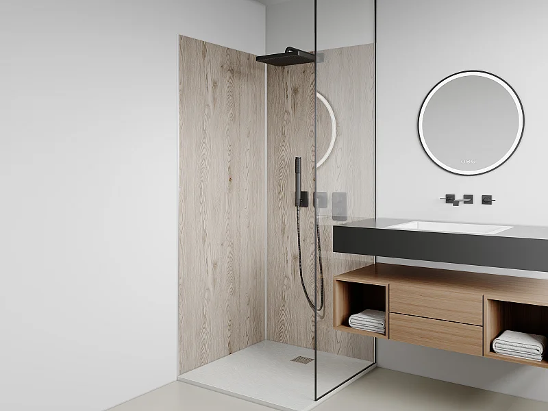 Wandpaneele Dusche 2er-Set inkl. Profile - Aluminium - 2x 90 x 210 cm - Holz-Optik Hell - ENEKO