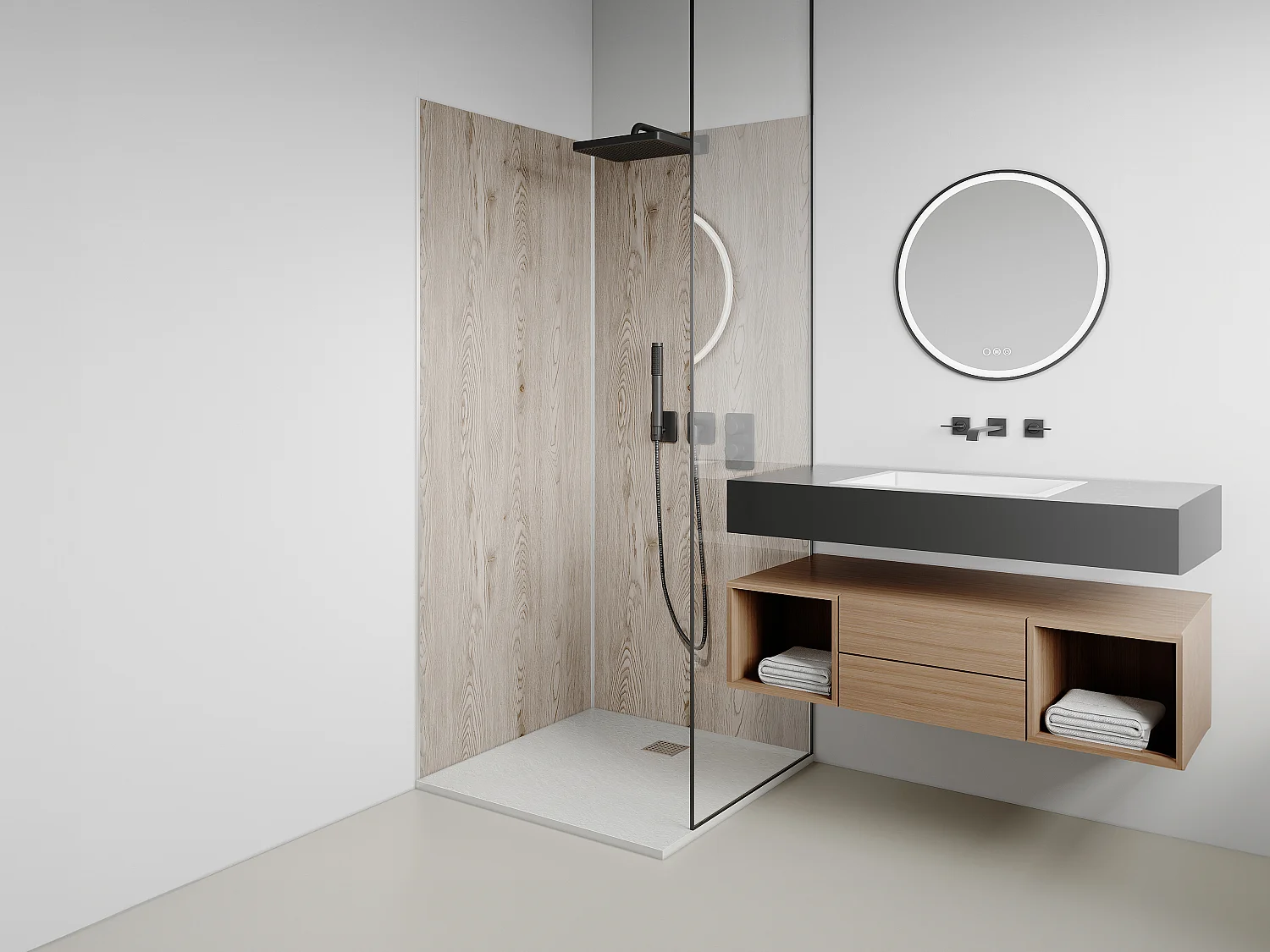 Lot de 2 panneaux muraux de douche effet bois clair en aluminium avec profilés - 2 x L90 x H210 cm- ENEKO