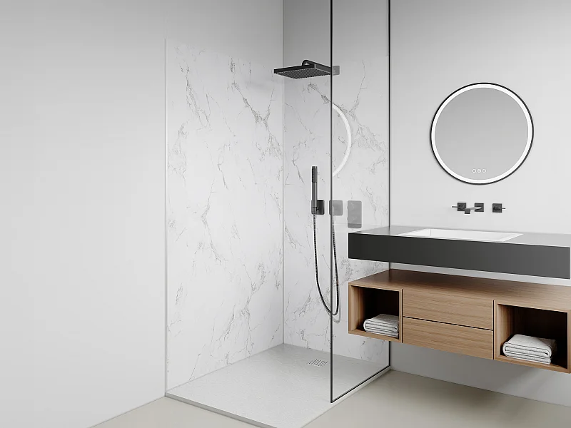 Lot de 2 panneaux muraux de douche effet marbre blanc en aluminium avec profilés - L90 x L120 x H210 cm - ENEKO