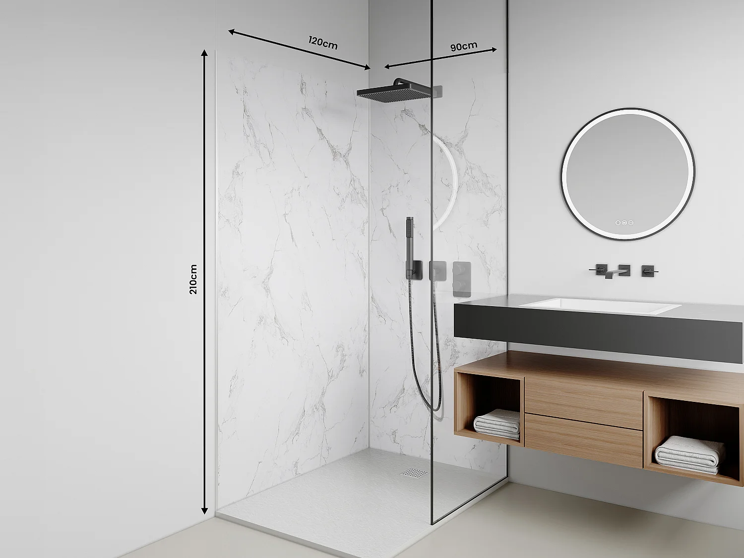 Lot de 2 panneaux muraux de douche effet marbre blanc en aluminium avec profilés - L90 x L120 x H210 cm - ENEKO