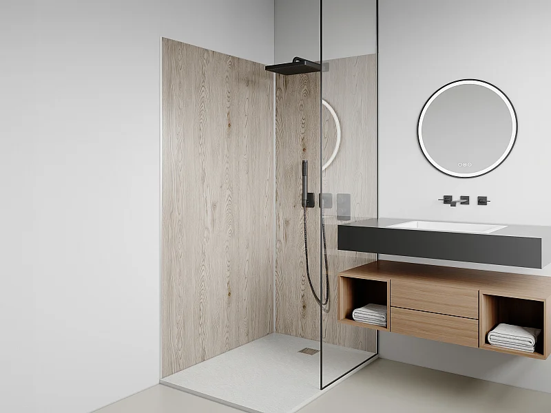 Lot de 2 panneaux muraux de douche effet bois clair en aluminium avec profilés - L90 x L120 x H210 cm - ENEKO