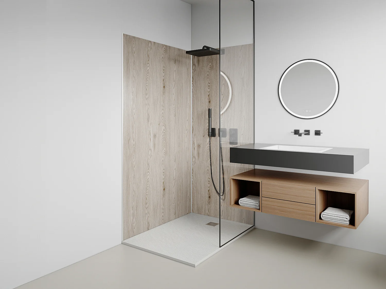 Lot de 2 panneaux muraux de douche effet bois clair en aluminium avec profilés - L90 x L120 x H210 cm - ENEKO