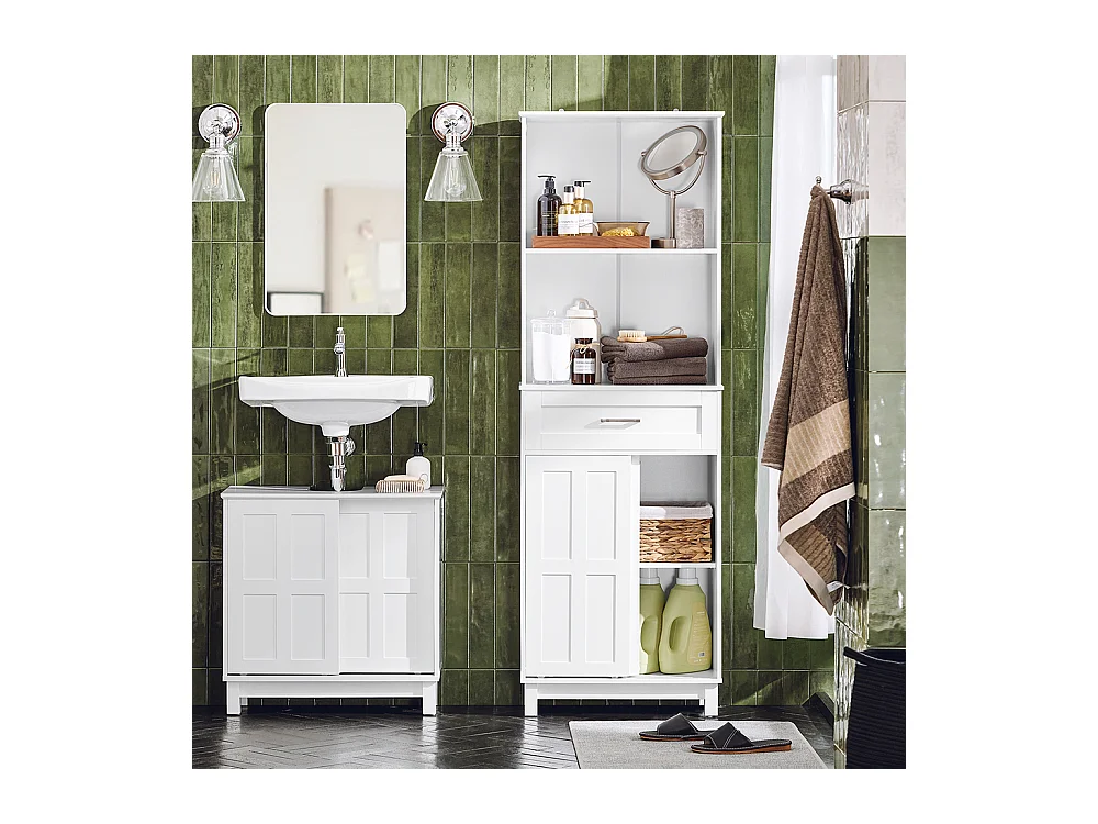 SoBuy Badkamerkast Kolommeubel Badkameropbergmeubel Hoge kast met 2 planken 2 schuifdeuren en 1 lade Wit 56x30x165cm BZR141-W