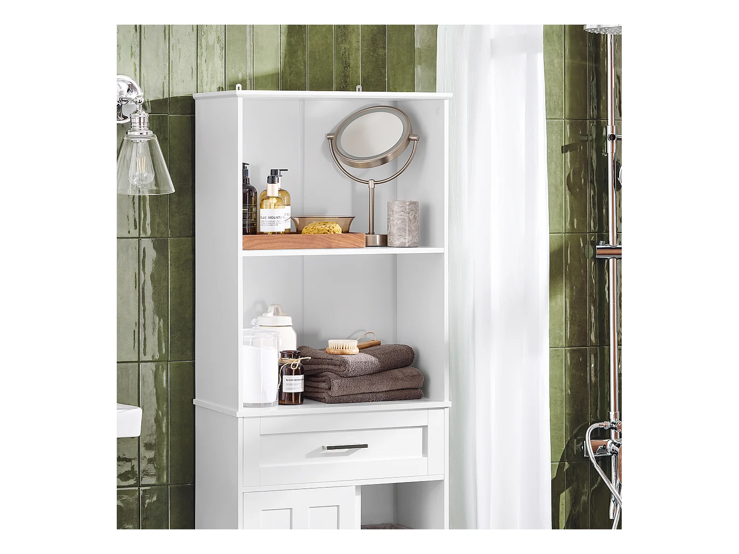 SoBuy Badkamerkast Kolommeubel Badkameropbergmeubel Hoge kast met 2 planken 2 schuifdeuren en 1 lade Wit 56x30x165cm BZR141-W