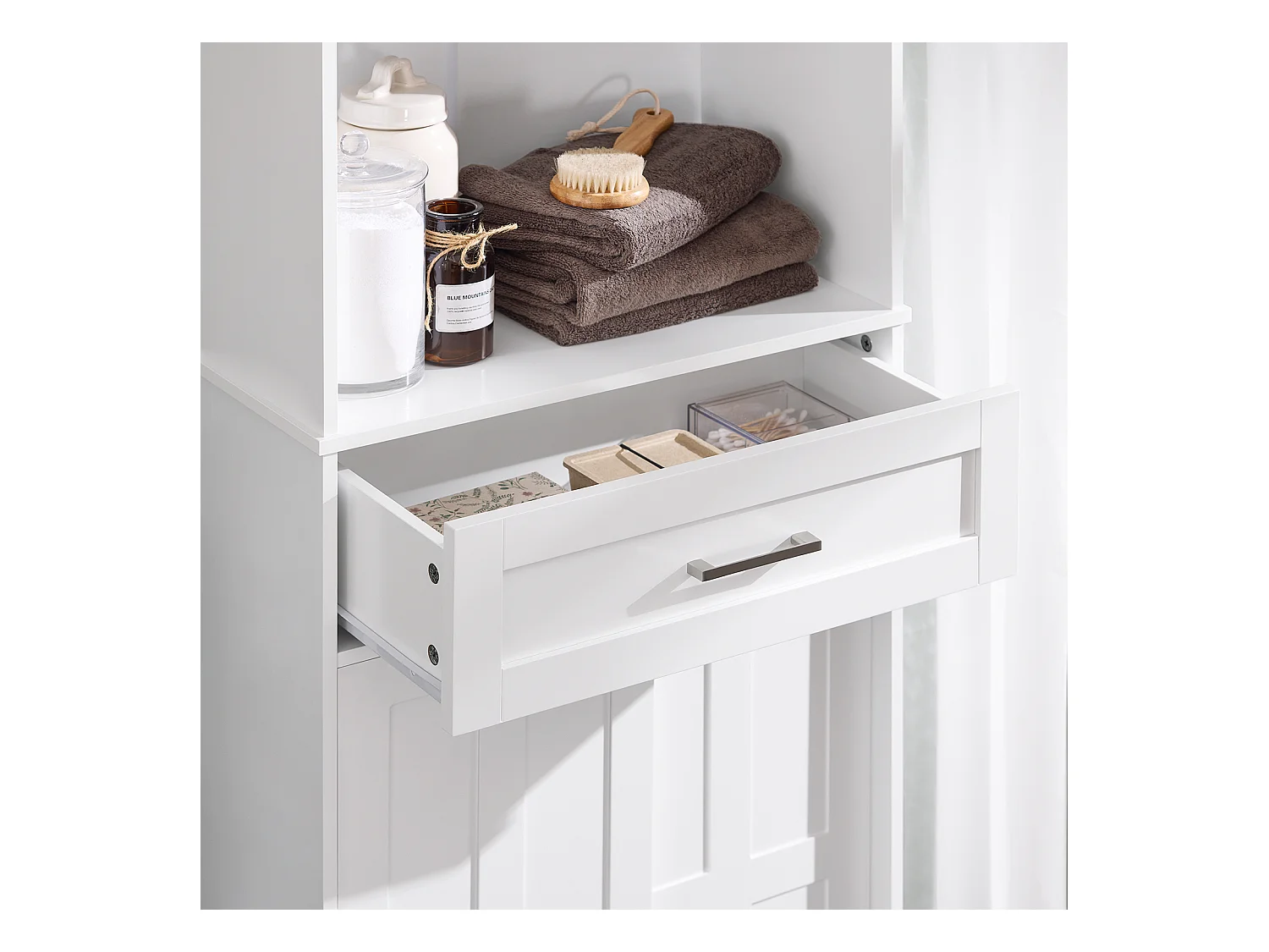 SoBuy Badkamerkast Kolommeubel Badkameropbergmeubel Hoge kast met 2 planken 2 schuifdeuren en 1 lade Wit 56x30x165cm BZR141-W