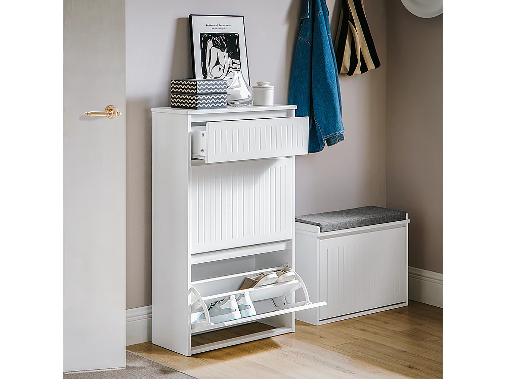 SoBuy FSR165-W Schoenenkast met 2 Flappen en 1 Lade, Schoenenrek,Gangkast, Opbergkast voor Schoenen