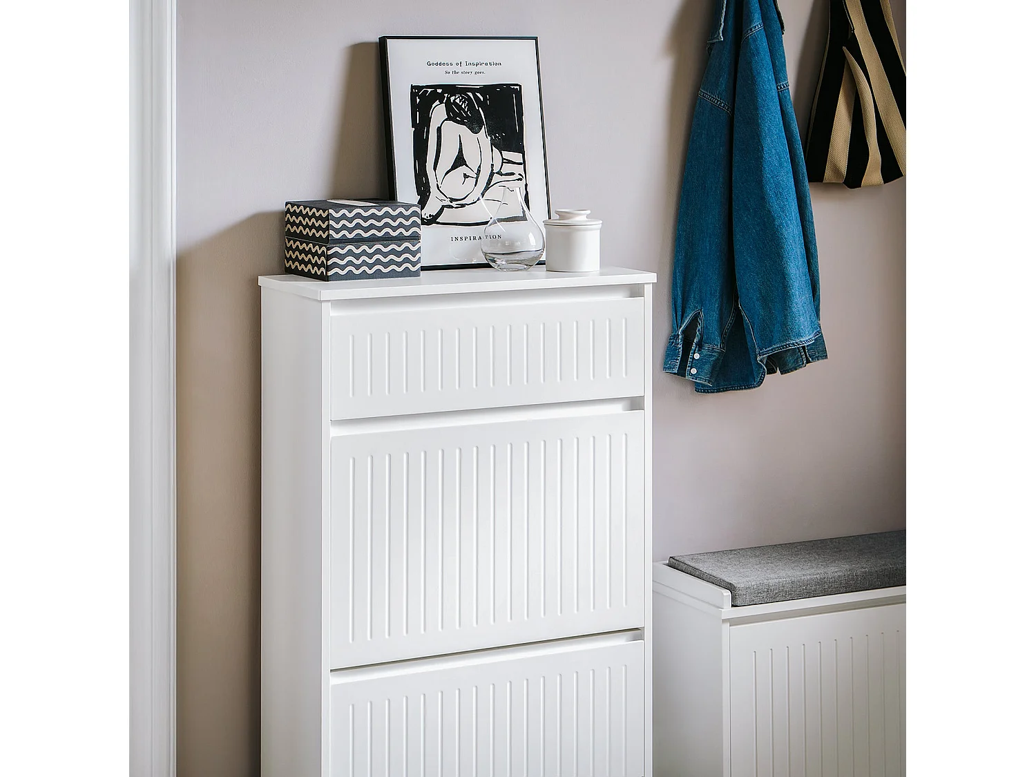 SoBuy FSR165-W Schoenenkast met 2 Flappen en 1 Lade, Schoenenrek,Gangkast, Opbergkast voor Schoenen