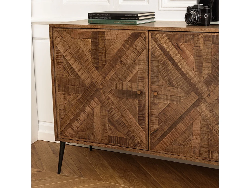 KIARA - Buffet 3 portes bois recyclé formes symétriques pieds noir