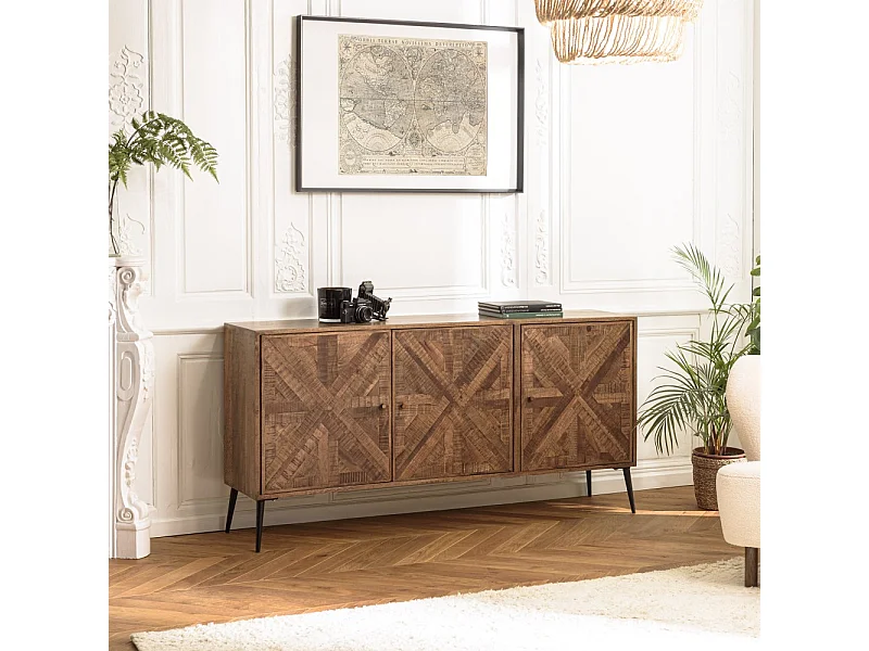 KIARA - Buffet 3 portes bois recyclé formes symétriques pieds noir
