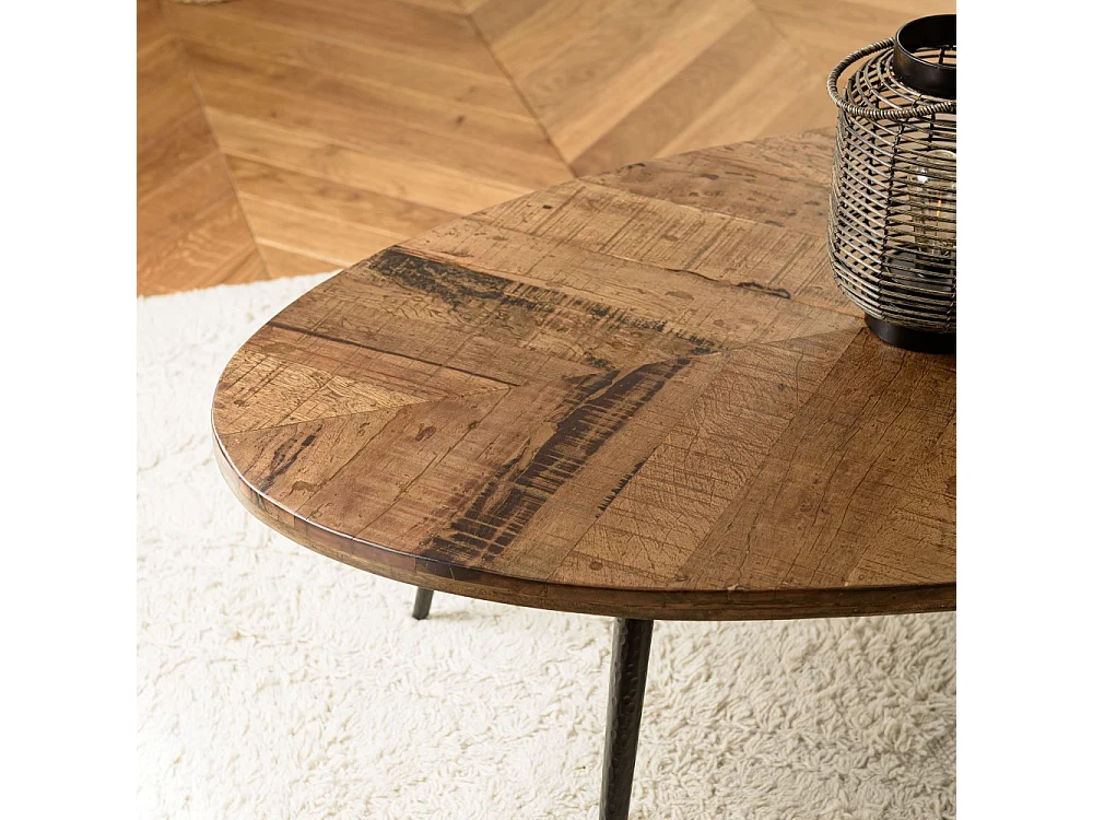 KIARA - Table basse en bois recyclé ovale 135x70cm plateau chevrons