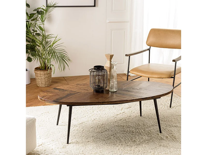 KIARA - Table basse en bois recyclé ovale 135x70cm plateau chevrons