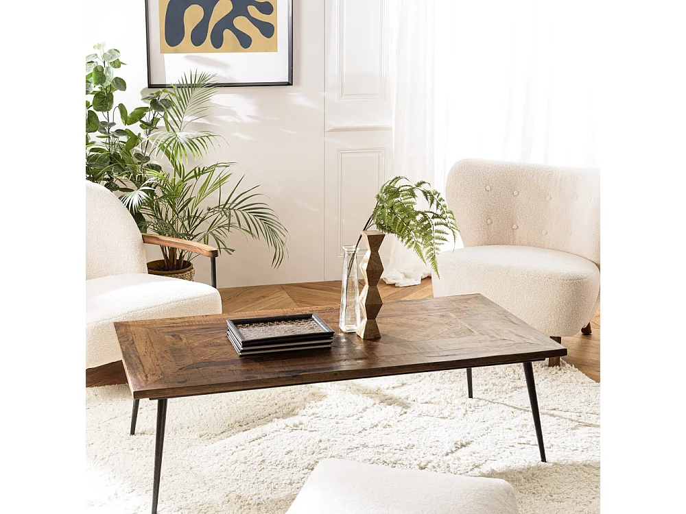 KIARA - Table basse en bois recyclé rect. 135x70cm formes géométriques