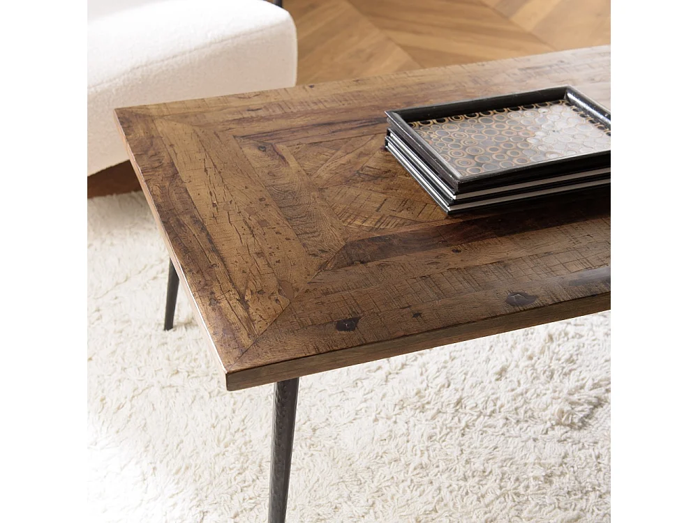 KIARA - Table basse en bois recyclé rect. 135x70cm formes géométriques