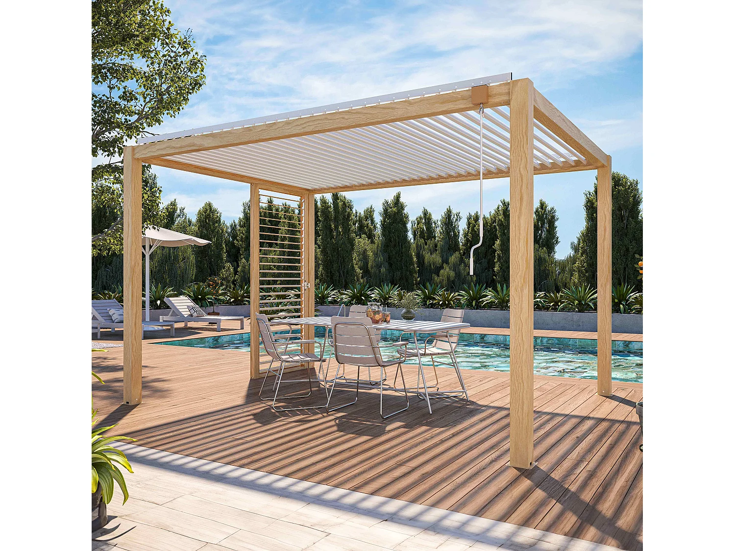 Pergola bioclimatique autoportée 3 x 4m effet bois blanc et 1 claustra