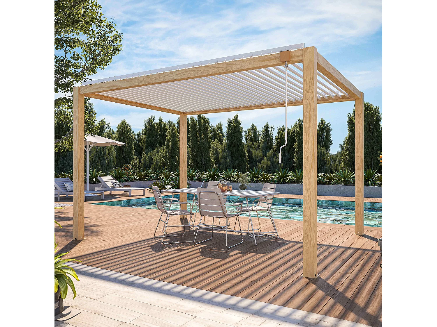 Pergola bioclimatique autoportée 3 x 4m effet bois blanc et 1 claustra
