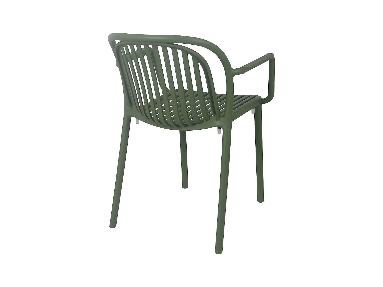 Juego de 4 sillones de plástico verde oliva.