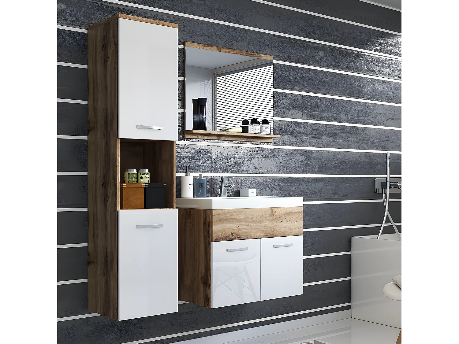 Ensemble de meubles de salle de bain - chêne wotan / blanc brillant - Sillali petit