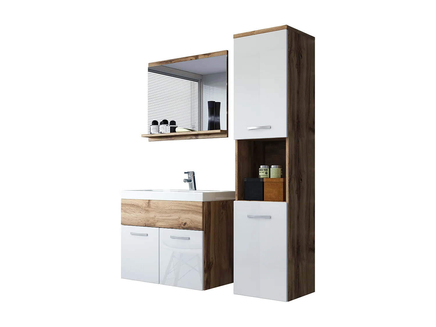 Ensemble de meubles de salle de bain - chêne wotan / blanc brillant - Sillali petit