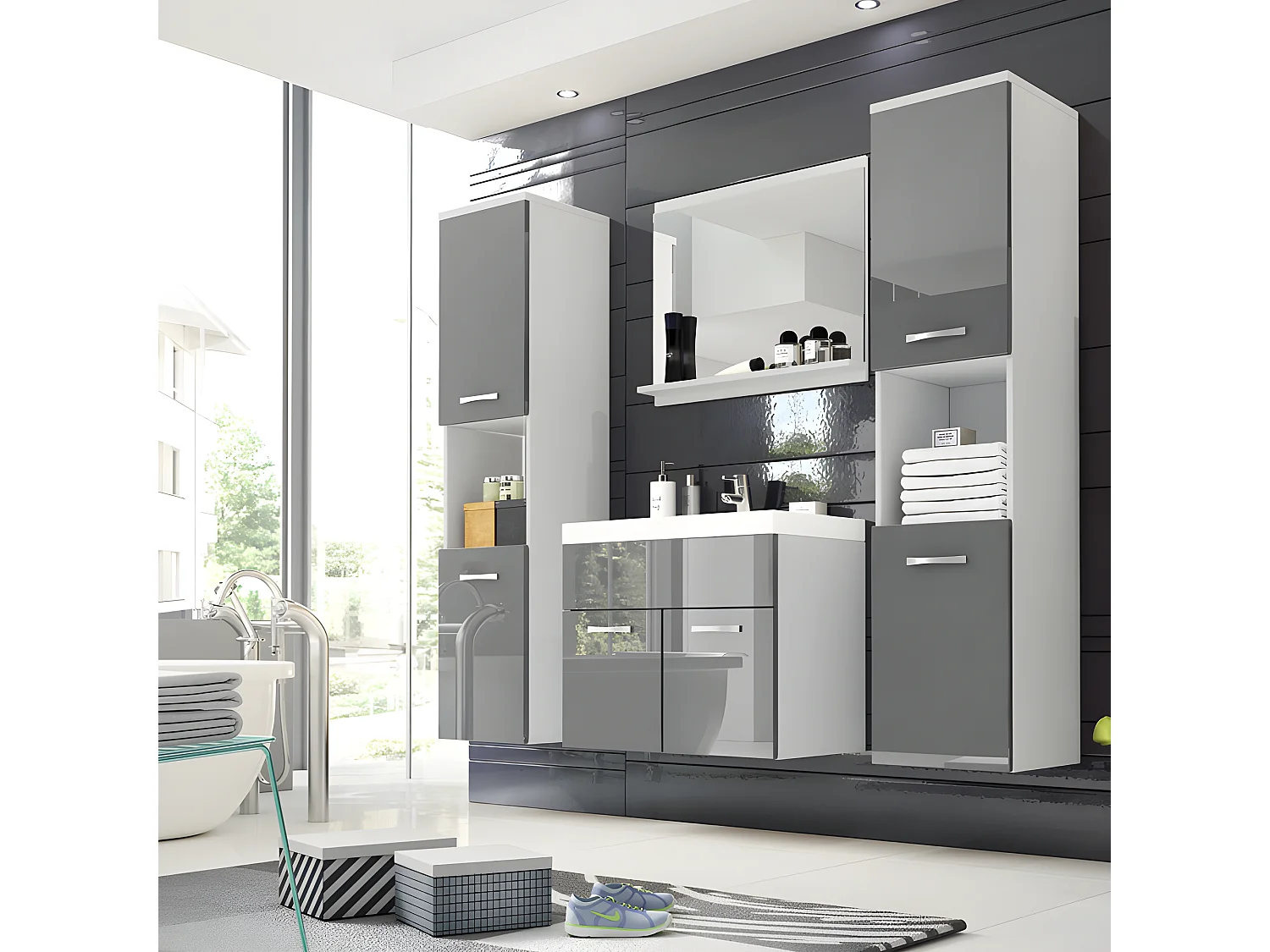 Ensemble de meubles de salle de bain - blanc mat / gris brillant - Sillali grand